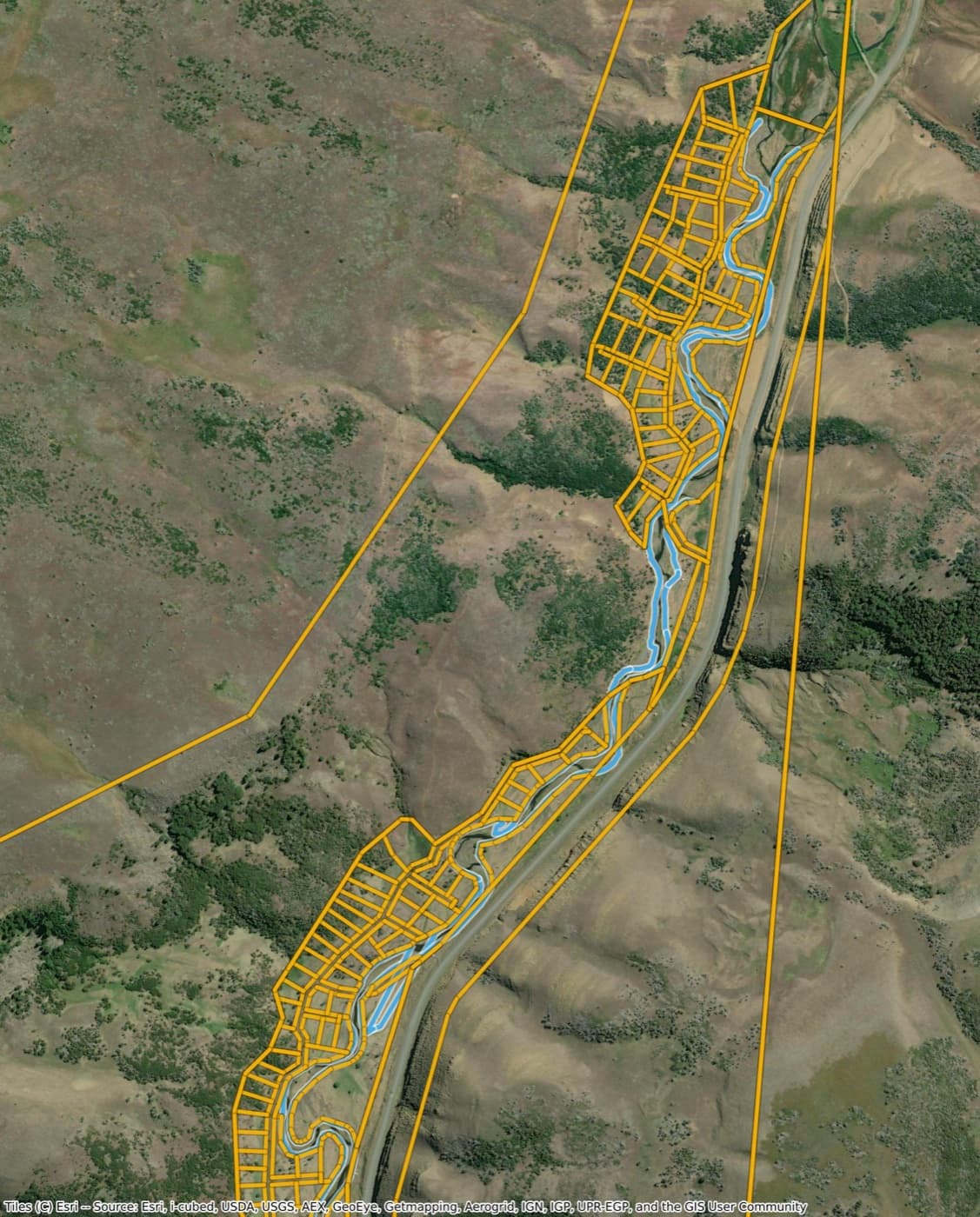 Vista satelital real de las quintas 44 a 60 sobre el río Turbio, futura etapa Primavera Sur